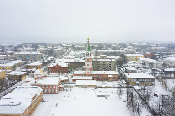 Panorama of the small town of Slobodskoy near Kirov on a winter day from above. Russia from the drone.
