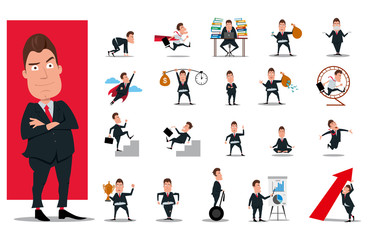 Set of businessman cartoon character design with different poses, isolated against white background.