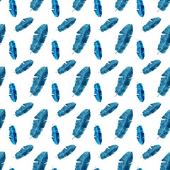 hand drawn watercolor pattern of blue banana palm leaves on a white background.