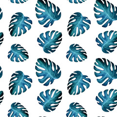 Fototapeta na wymiar hand drawn watercolor seamless pattern of blue monstera leaves on a white background.