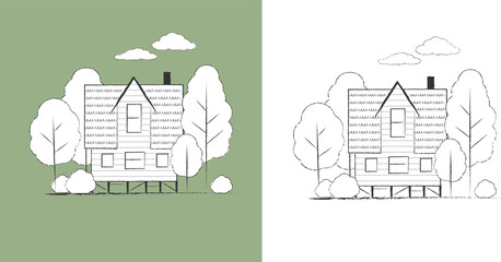 Vector linear hand drawn village house