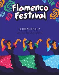 A group of flamenco dancers with a rose in their hair on a blue background. Concept poster about the festival of Spanish culture and traditions. Template for a dance school. Vector illustration