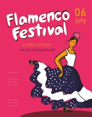 A flamenco dancer in a dancing pose and a blue dress on a pink background. Concept poster about the festival of Spanish culture and traditions. Template for a dance school. Vector illustration