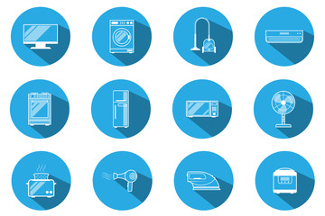 Set of 12 icons, symbols and images of household appliances. Vector horizontal orientation