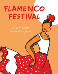 The poster of the flamenco festival with dancer in a dress in peas on a blue background is hand-painted for poster, invitation or banner for the site. Vector illustration - obrazy, fototapety, plakaty
