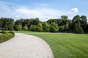 gravel road in the park among lawns and green trees