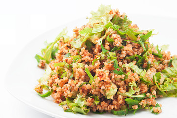 Turkish Bulgur kisir Salad. Bulgur salad with herbs. Turkish traditional cuisine.