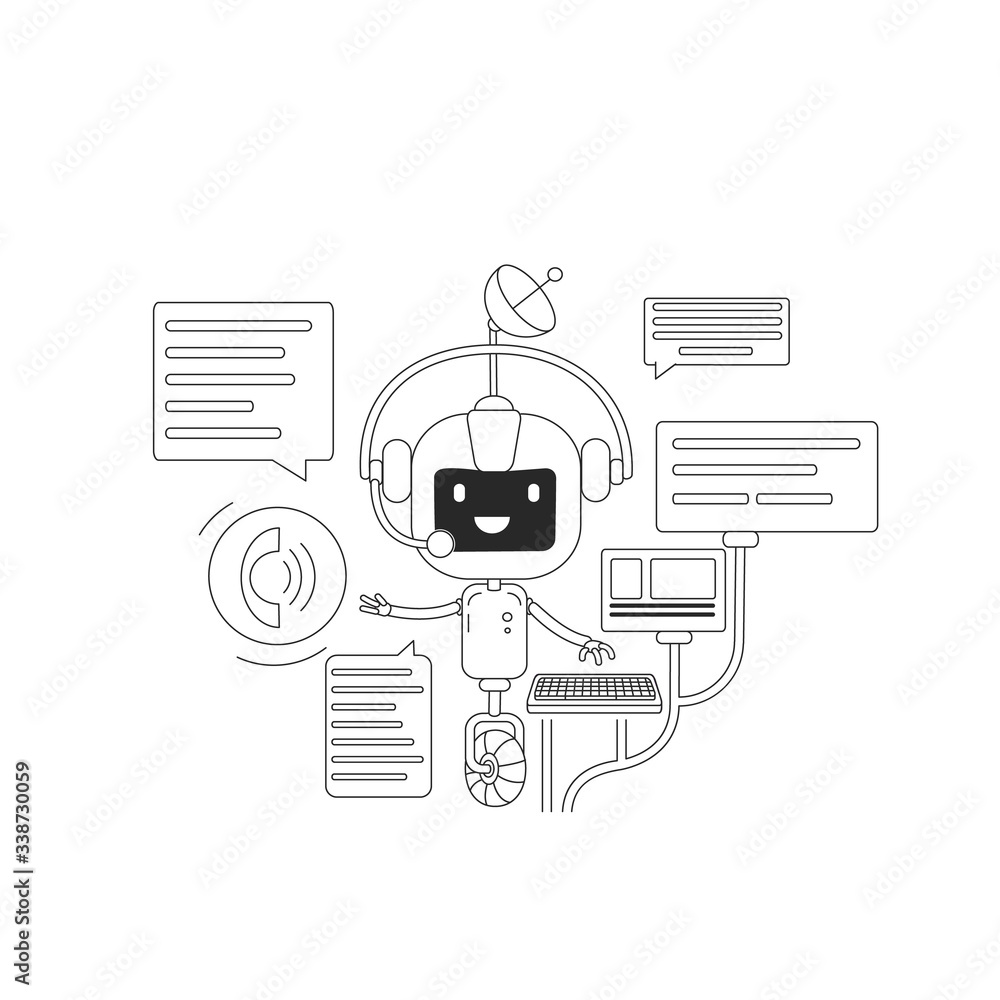 Poster chatbot communication app thin line concept vector illustration. online chatting application. intern
