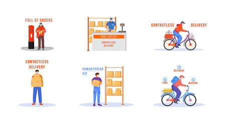 Contactless delivery flat color vector faceless characters set. Man shipping goods during pandemic. Deliveryman in medical mask. Essential worker isolated cartoon illustrations on white background