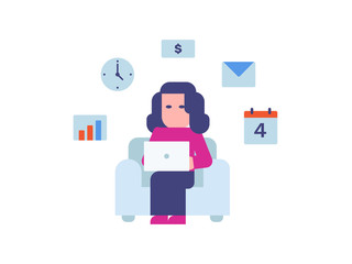 Remote work from home vector illustration. Online education. Freelancer woman working at home, online studying at computer.