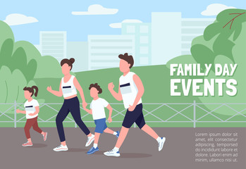 Family day events poster flat vector template. Parents, children run marathon. Participate in race. Brochure, booklet one page concept design with cartoon characters. Healthy activity flyer, leaflet