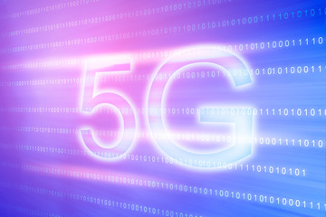 Illustration of marketing the 5G fifth generation communication technology on digital blue background.