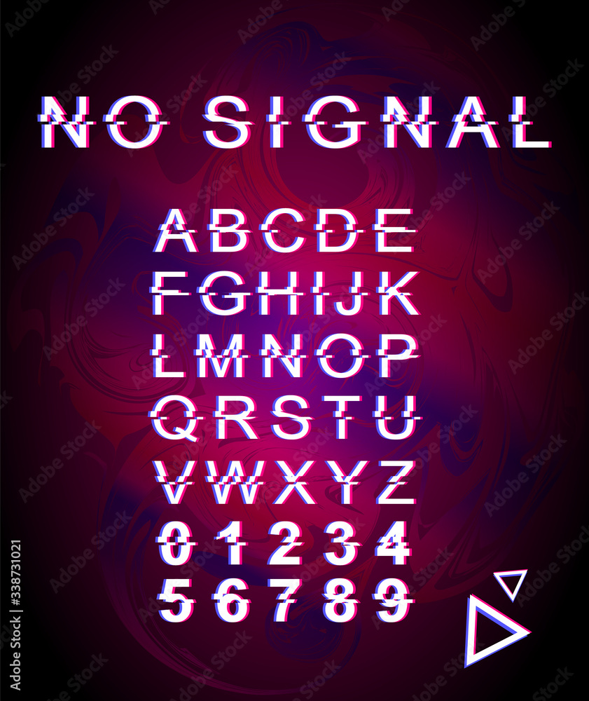 Poster no signal glitch font template. retro futuristic style vector alphabet set on violet background. cap