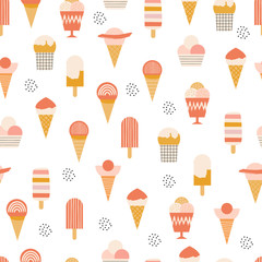 Seamless pattern with cute ice cream. Vintage summer print. Vector illustration. 