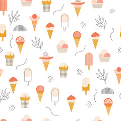 Seamless pattern with geometric ice cream, plants and abstract lines. Vector illustration for baby design.