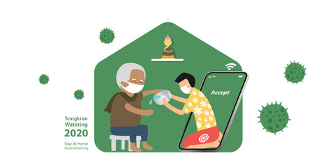 SONGKRAN, Thailand Water Festival 2020, year of COVID-19 which people should stay at home and practice social distancing to stop the outbreak, elder person gets pouring water on hand via smartphone.