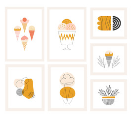 Set of geometric posters. Abstract composition, ice cream, print for kids design. Vector summer illustration.