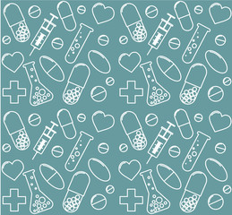 Seamless vector pattern with thin line medical icons on blue background