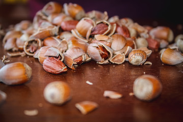 Fresh hazelnuts on a wooden table