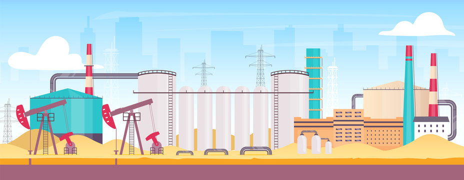 Oil Rig Near City Flat Color Vector Illustration. Industrial Refinery Plant 2D Cartoon Landscape With Cityscape On Background. Onshore Manufacturing Facility For Burning Fossil Fuel Extraction