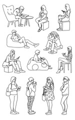 Set of women in different poses. Monochrome vector illustration of women standing and sitting in simple line art style. Black lines isolated on white background. Hand drawn sketch.