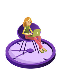 Vector illustration of working woman. Woman sitting on the chair. The chair stands on the clock. it is a deadline symbol. Illustration can be used as print, magazine or web illustration.