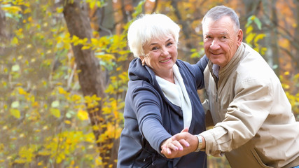 Happy senior couple dancing in an autumn park