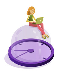 Vector illustration of working woman. Woman sitting on the chair. The chair stands on the clock. it is a deadline symbol. Illustration can be used as print, magazine or web illustration.