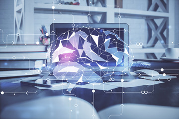 Double exposure of work table with computer and brain sketch hologram. Brainstorming concept.