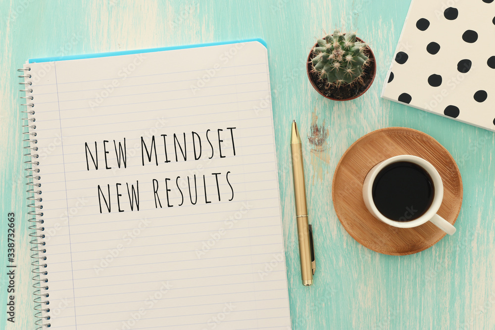 Poster top view image of table with open notebook and the text new mindset new results. success and persona