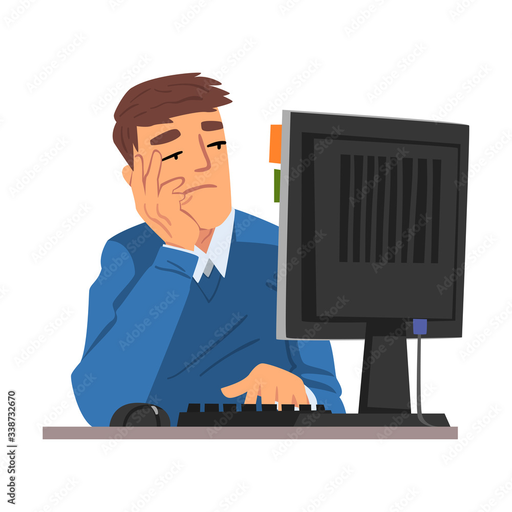 Poster man being bored with his job, lazy businessman working with computer procrastinating at workplace, u