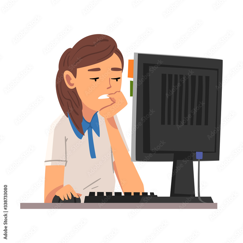 Sticker young woman being bored with her job, lazy office worker procrastinating at workplace, unmotivated o