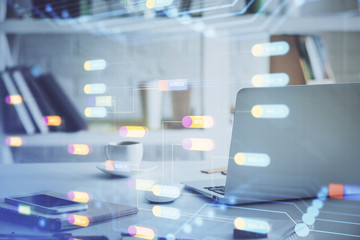 Technology theme drawing and work space with computer. Multi exposure. Concept of innovation.