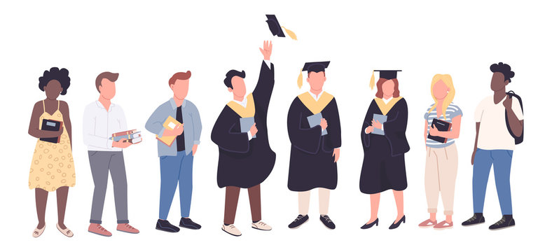College graduates and freshman students flat color vector faceless characters set. People with diplomas and books isolated cartoon illustrations on white background. Academic education