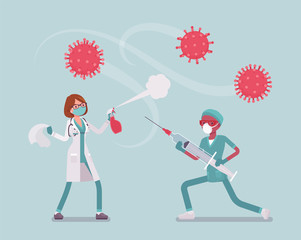 Doctors, health care workers fighting against virus. Physicians, nurses on frontline against coronavirus with giant medical tools, professionals on infections. Vector flat style cartoon illustration