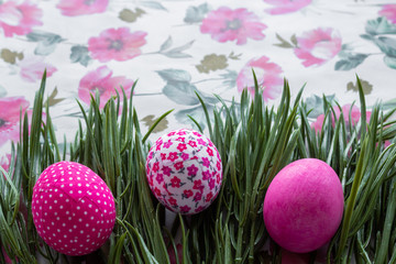 Happy Easter Day Around Pink Flowers With Pink Eggs On a Pink Background