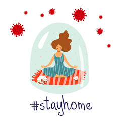 The girl is meditating at home. Poster keep calm, stay home. Self-isolation concept, coronavirus epidemic. Vector flat illustration.