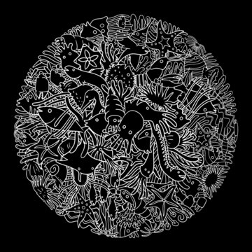 Sea Life doodle. Collection of  marine ocean creatures doodle in a circle frame. Black and white vector illustration.