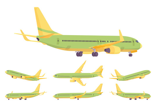 Passenger plane green, yellow design set, airline aircraft for passengers. Airport business vehicle sky travel jet or holiday aviation tourism. Vector flat style cartoon illustration, different views