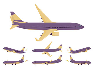Passenger plane purple, yellow design set, airline aircraft for passengers. Airport business vehicle sky travel jet or holiday aviation tourism. Vector flat style cartoon illustration, different views