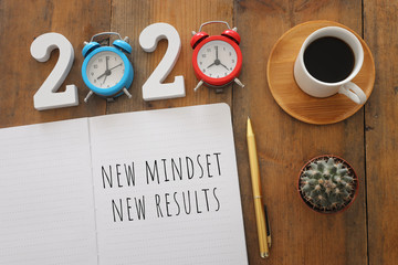 top view image of table with open notebook and the text new mindset new results. success and personal development concept