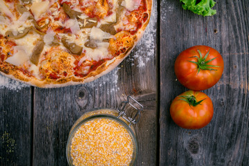 Styled Top View of Large Ham and Mushrooms Pizza, Food Photography on wooden background table