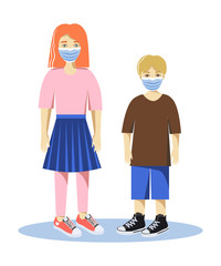 Vector illustration of the brother and sister with surgical masks.