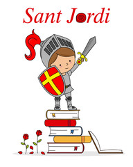 Sant Jordi traditional festival of Catalonia Spain. Warrior on top of books