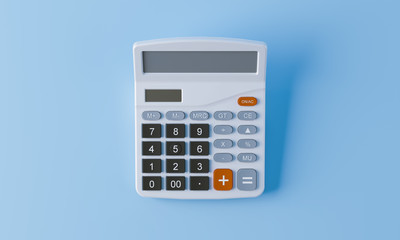 Calculator on blue background. 3d rendering. 