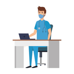 male paramedic with face mask in desk and laptop vector illustration design