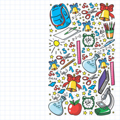 School pattern. Online education. Vector doodle style icons. Mathematis, astronomy, geography, biology, physics.