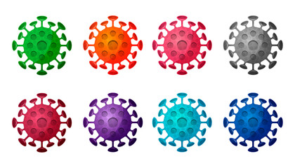 Large collection of coronavirus molecules isolated on a white background. Colored bacteria or virus icons