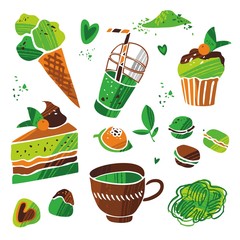 Set of matcha tea products. Matcha powder, mochi, macarons, ice cream, pie for menu, invitation for tea ceremony and degustation. Hand drawn vector colored trendy illustration. All elements are isolat