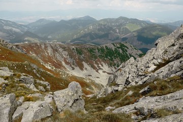 Obraz premium Beautiful Low Tatras alpine landscape from the peak of Chopok, Slovakia. With a retro vintage instagram filter